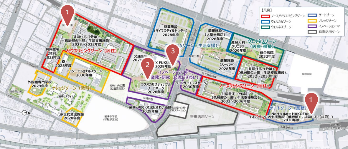 画像：住友商事株式会社など8社『九州大学箱崎キャンパス跡地地区におけるまちづくり 土地利用事業者に正式決定』内の画像にYEデジタルにてサイネージ設置場所を追記